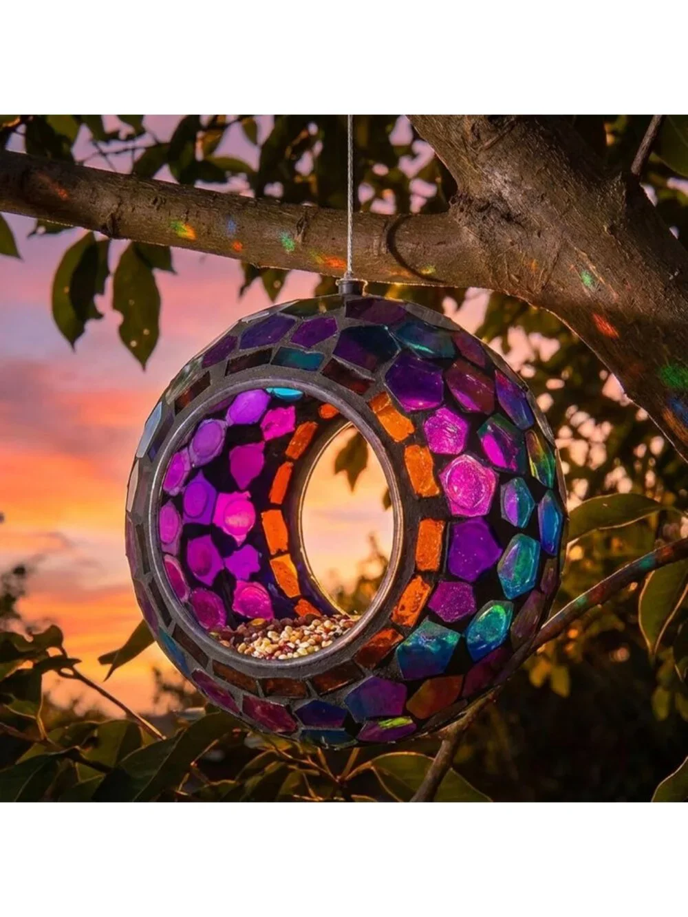 Iridescent Purple Mosaic Hanging Bird Feeder - 6-Inch Glass for Outdoors